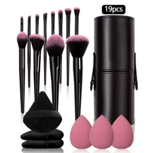 Ensemble de 19 pièces : 12 pinceaux de maquillage + 3 houppettes triangulaires + 3 éponges à maquillage sans poudre + 1 pot de rangement pour pinceaux.