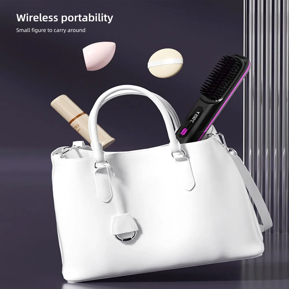 Brosse lissante électrique chauffante en céramique avec écran LCD et port USB-C, sans fil, portable, à ions négatifs et rechargeable. – Image 5