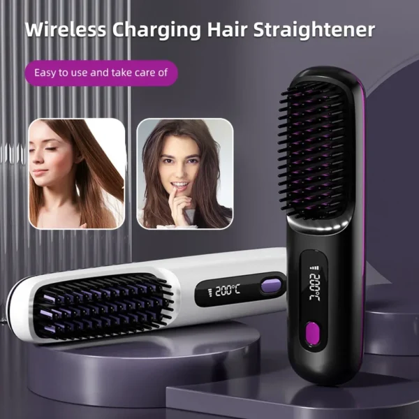 Brosse lissante électrique chauffante en céramique avec écran LCD et port USB-C, sans fil, portable, à ions négatifs et rechargeable.