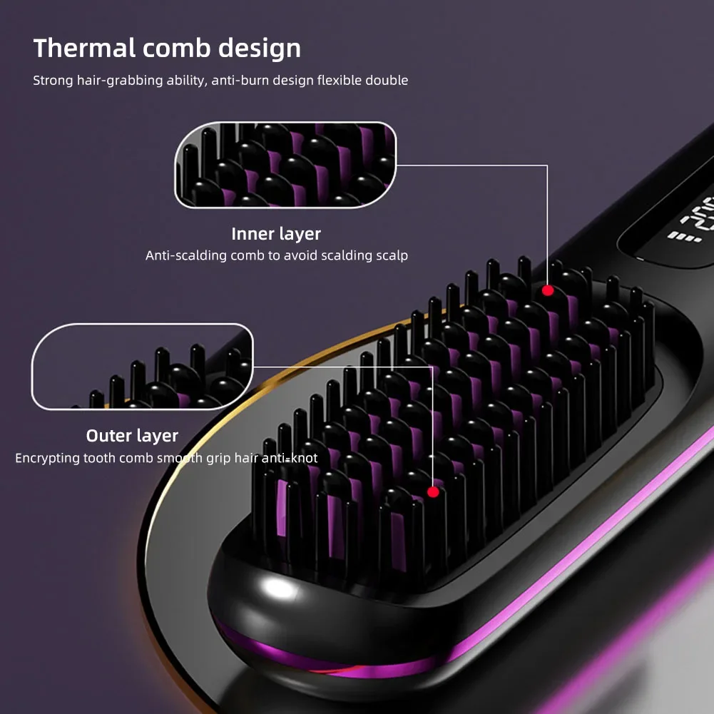 Brosse lissante électrique chauffante en céramique avec écran LCD et port USB-C, sans fil, portable, à ions négatifs et rechargeable. – Image 4