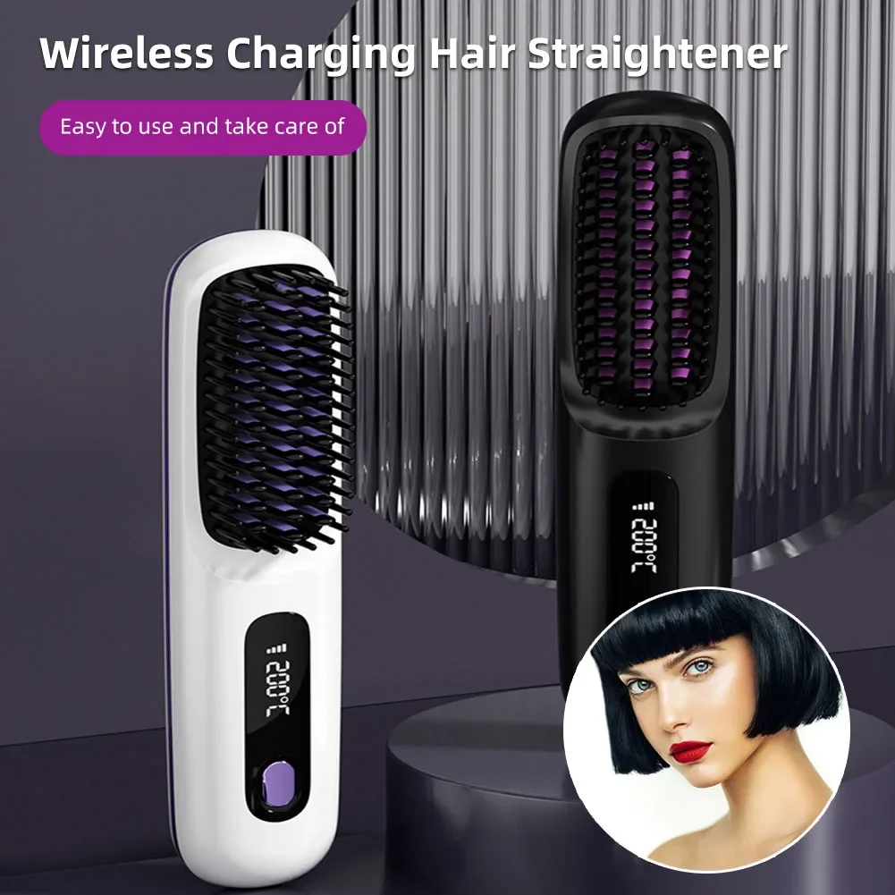 Brosse lissante électrique chauffante en céramique avec écran LCD et port USB-C, sans fil, portable, à ions négatifs et rechargeable. – Image 2