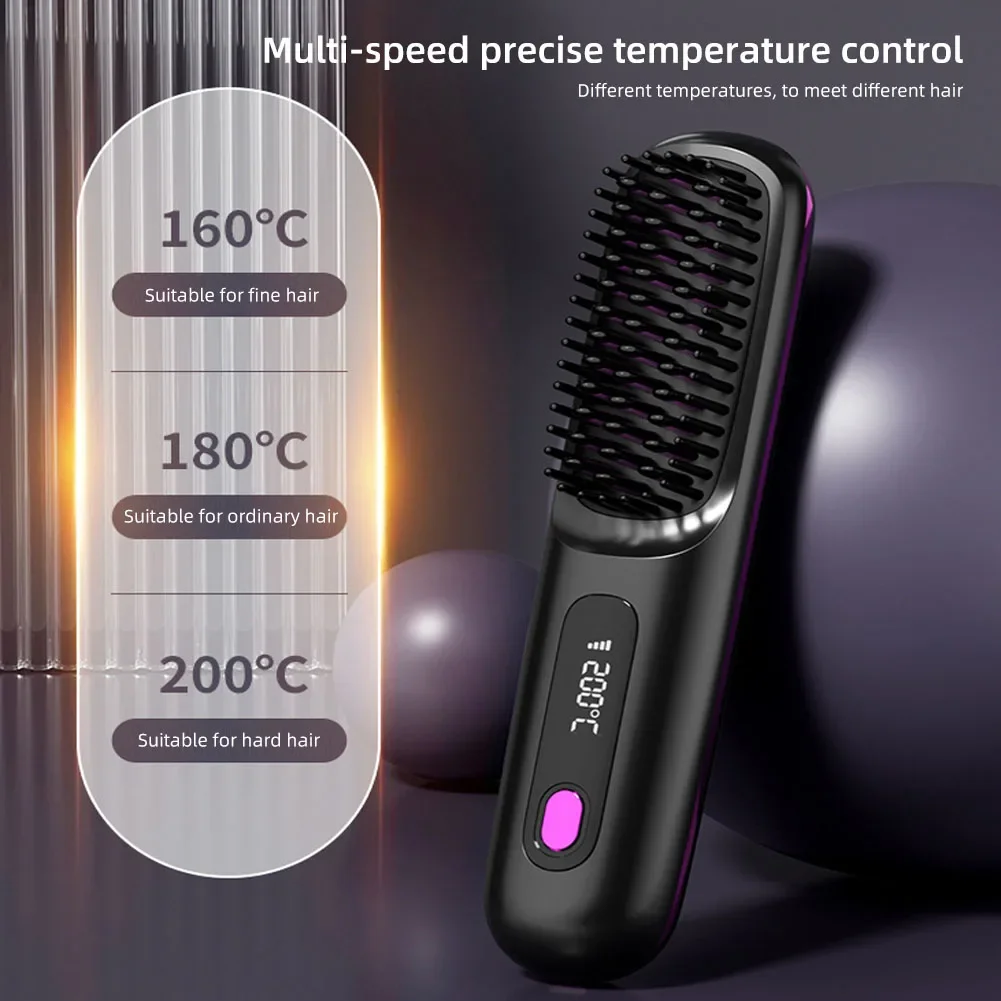 Brosse lissante électrique chauffante en céramique avec écran LCD et port USB-C, sans fil, portable, à ions négatifs et rechargeable. – Image 3